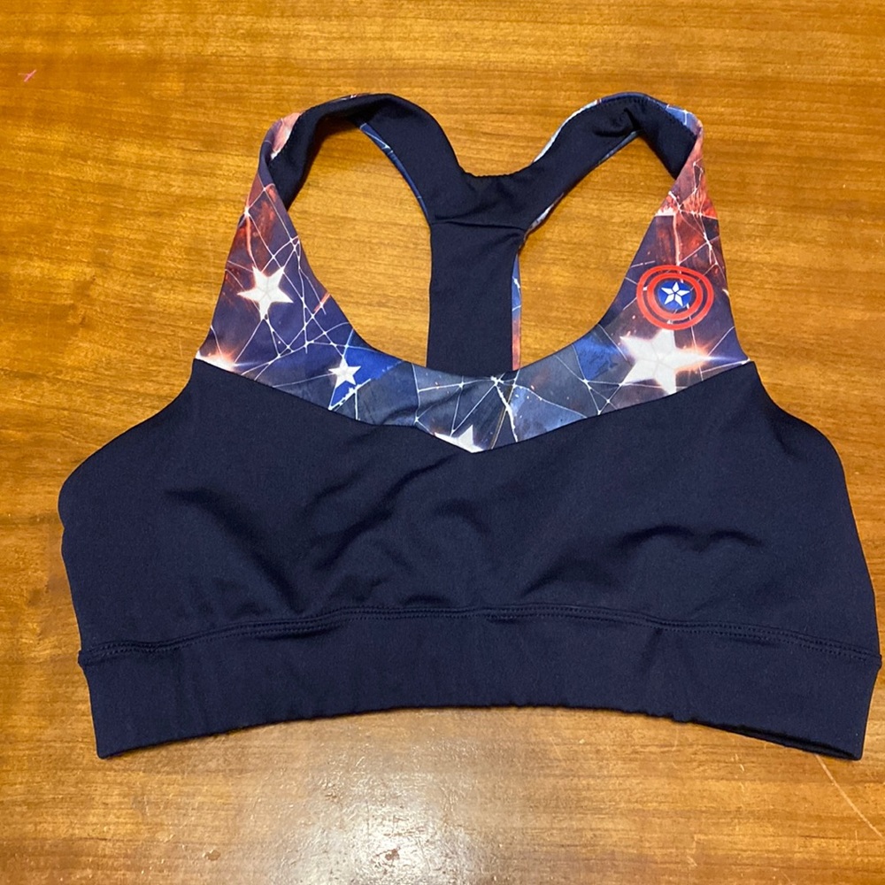 Her Universe Navy Blue and Multicolor Captain America Print Sports Bra